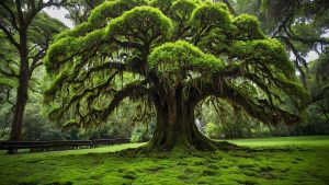 עץ אלון ענק עם ענפים רחבים מכוסים טחב ספרדי תלוי בפארק מוצל - הנוף האופייני לכיכרות שבהן עובר הטרולי בסוואנה
