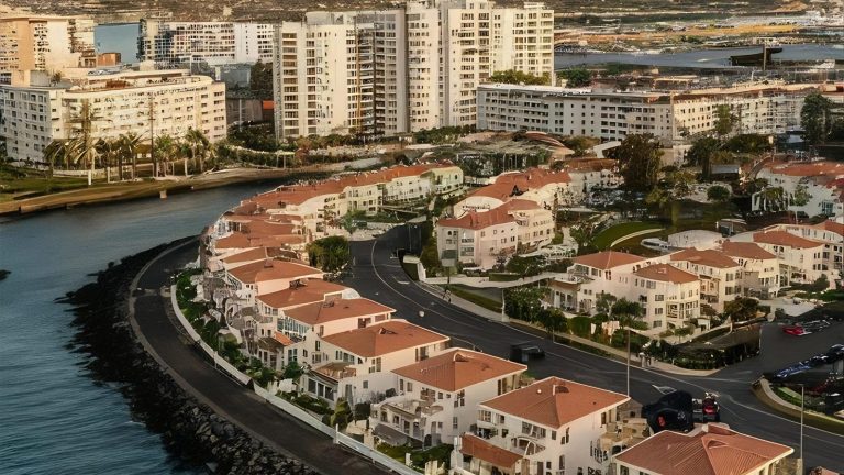 צילום אווירי של פוארטו דה לה קרוז בטנריף: בנייני העיירה על קו החוף של האוקיינוס האטלנטי