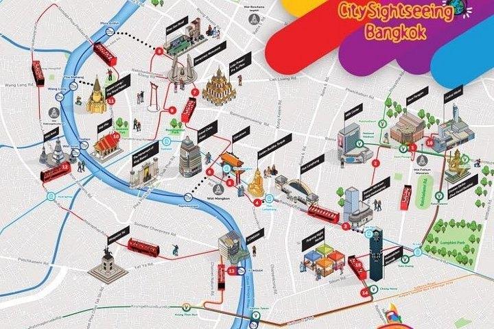 מפת המסלול של סיטי סייטסיינג בבנגקוק מפת המסלול והתחנות של אוטובוס התיירים - סיטי סייטסיינג בבנגקוק (צילום: Viator)