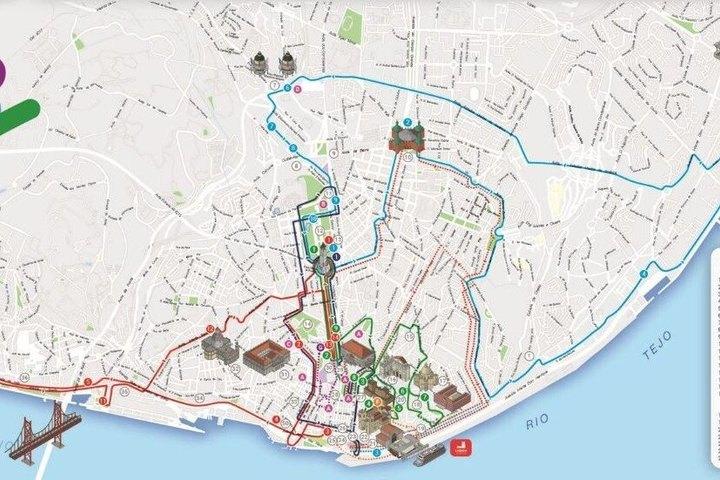 מפת המסלול של סיטי סייטסיינג בליסבון מפת המסלול והתחנות של אוטובוס התיירים - סיטי סייטסיינג בליסבון (צילום: Viator)